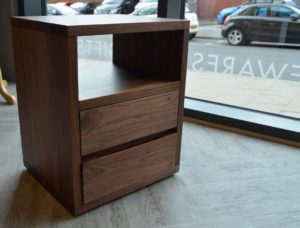 walnut wood bedside table with 2 drawers and an open shelf