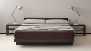 Kumo low wooden Japanese style bed shown with Kyoto shelf tables