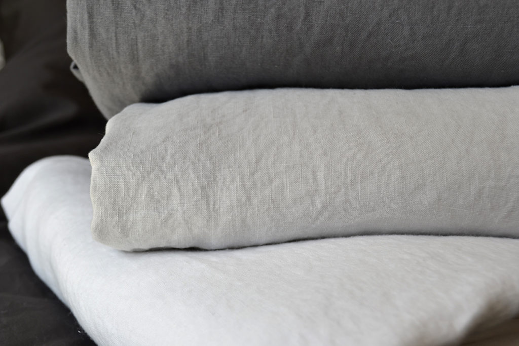 Linen Bedding Stack - Top to Bottom: Charcoal, Dove Grey, White