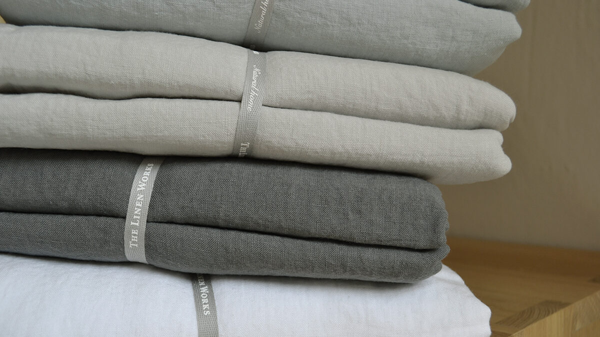 Linen Bedding Stack - Top to Bottom: Duck Egg, Dove Grey, Charcoal, White