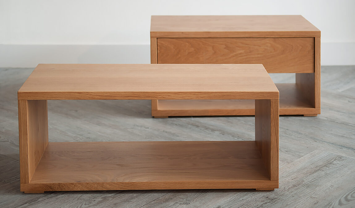 Black Lotus Oak Cube Bedside Tables, one with open shelf and one with added drawer for storage