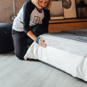 Paula making one of our wooden beds