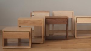 Hand crafted in Sheffield our Cube tables collection come in a range of wood choices to match your bed.