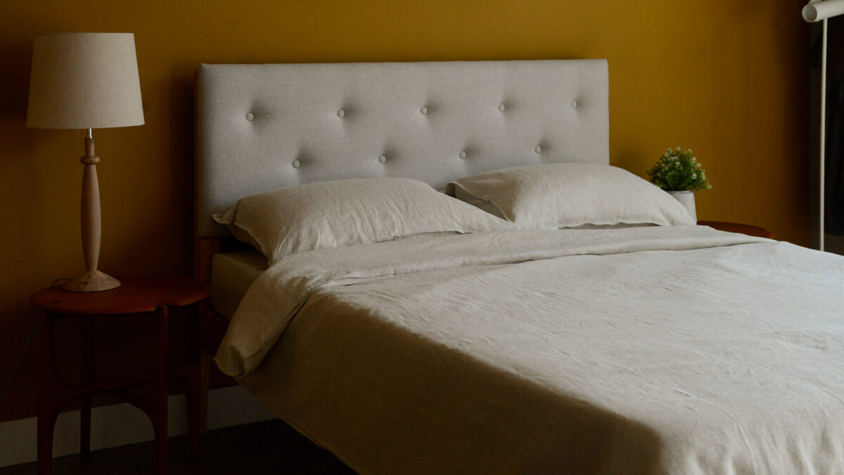 limestone linen bedding including duvet cover and pillowcases shown on a kingsize bed