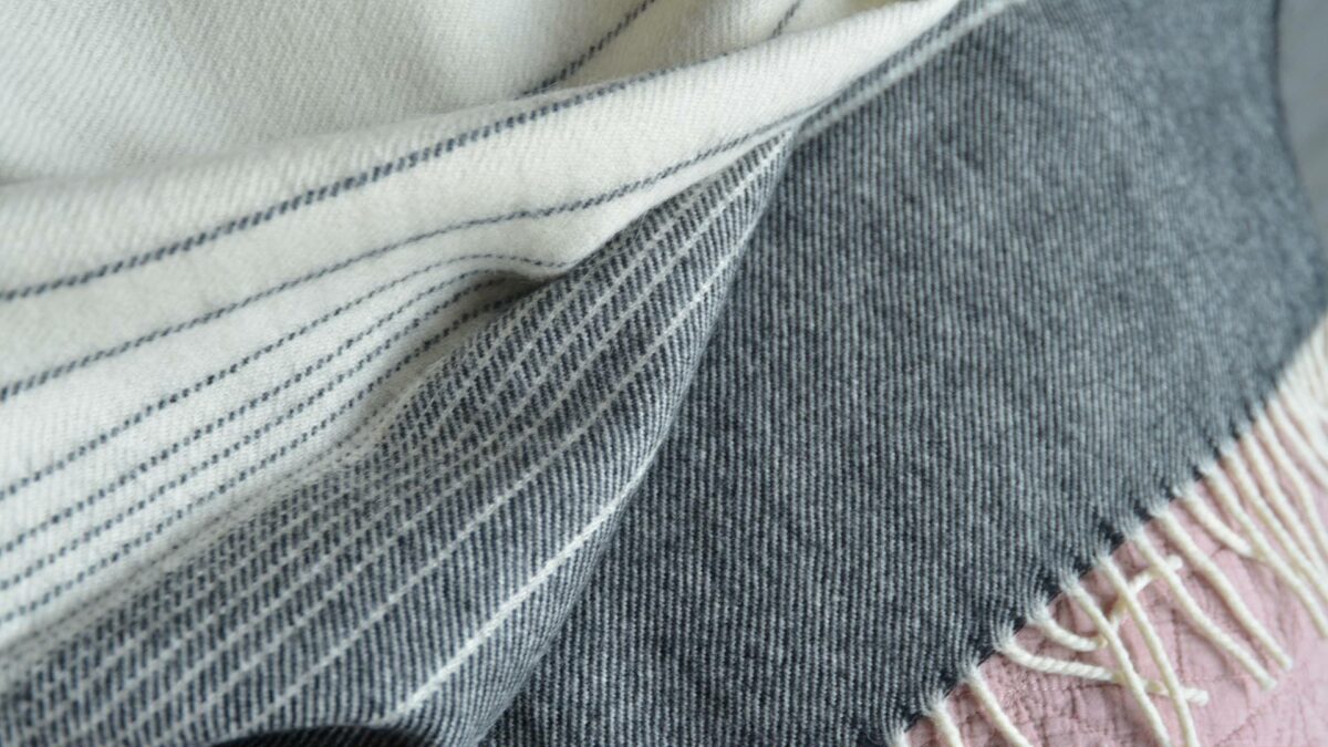 charcoal and ivory stripe alpaca and merino wool throw a close up view