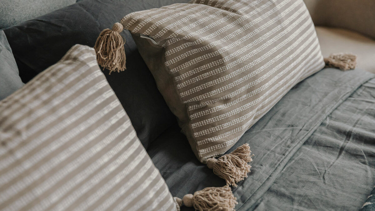 Striped, Tassel Cushions in Green or Taupe - Image 8