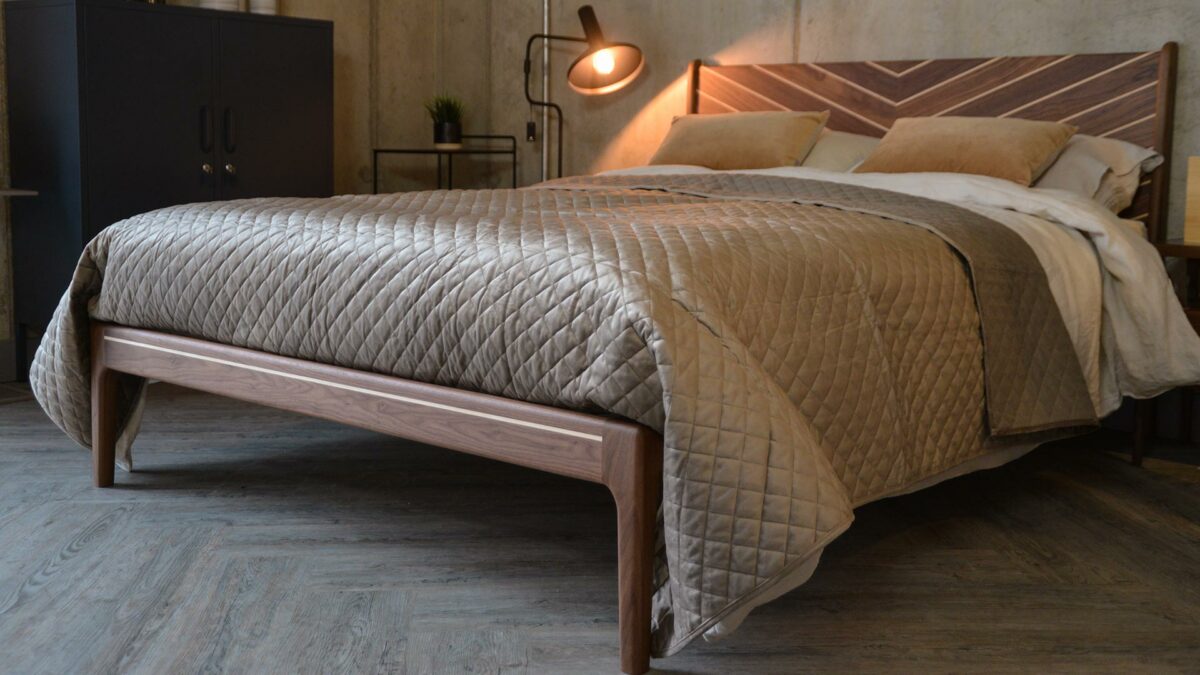 Taupe velvet look quilted and reversible bedspread on our Special edition handmade walnut Hoxton bed