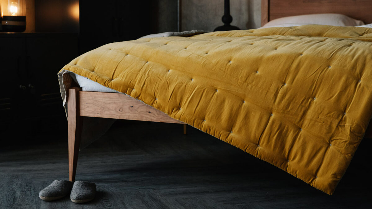 reversible velvet quilt with linen effect reverse in Turmeric