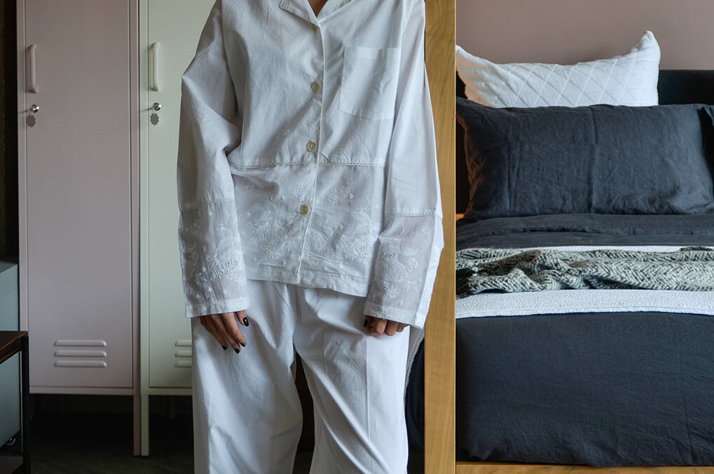 lightweight white cotton pjs with embroidered hem panels