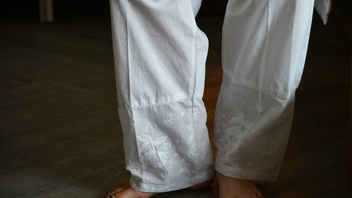 light cotton pyjamas a close up of the embroidered hems