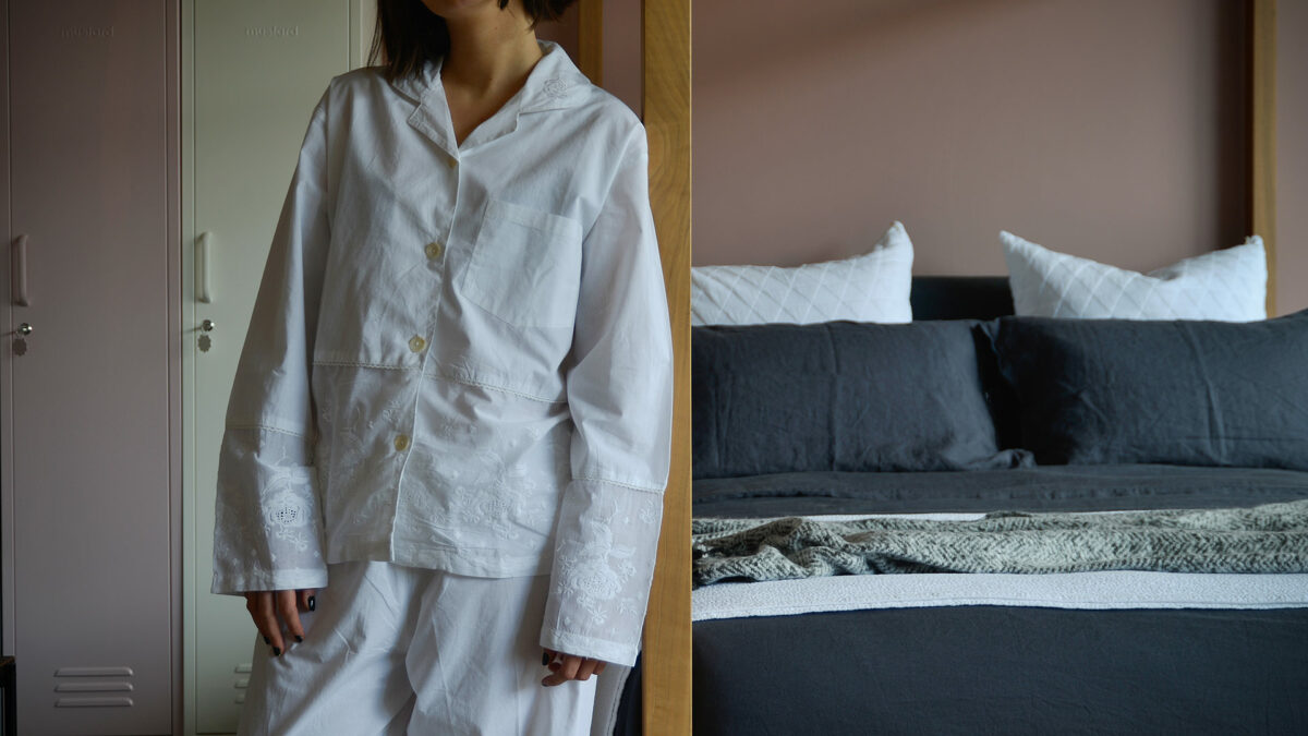 lightweight white cotton pjs with embroidered hem panels